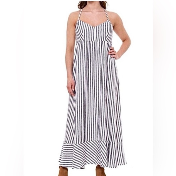 antibes blanc Dresses & Skirts - Antibes Blanc 100% Linen Striped Maxi Dress